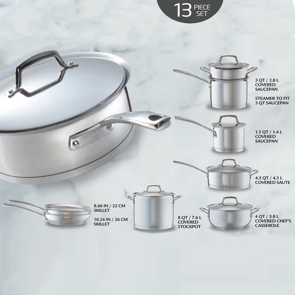 Bộ xoong nồi Kirkland Signature 13 món gồm 5 nồi, 1 nồi hấp và 2 chảo cao cấp