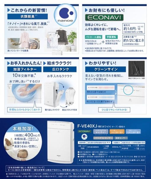 Máy lọc không khí kiêm bù ẩm panasonic f-ve40xj-w có econavi và nanoe khử mùi diệt khuẩn